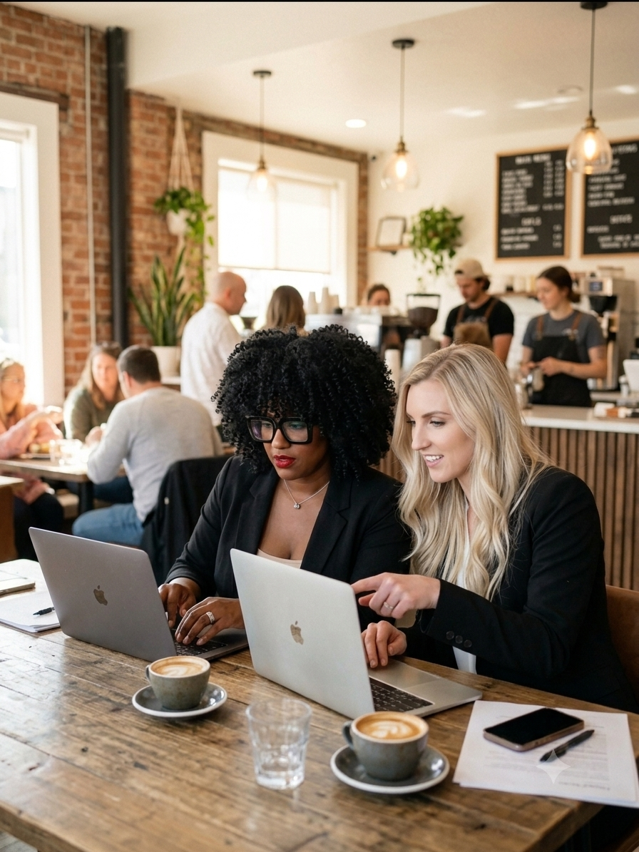 Laetitia and Myriam, co-founders of Kaomi Collective, working together in a coffee shop